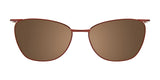 EasyClip EC591 eyeglasses with size 52 frames by EasyClip, shown with clip-on sunglasses in a brown cat-eye style and thin red frames, viewed from the front against a white background.