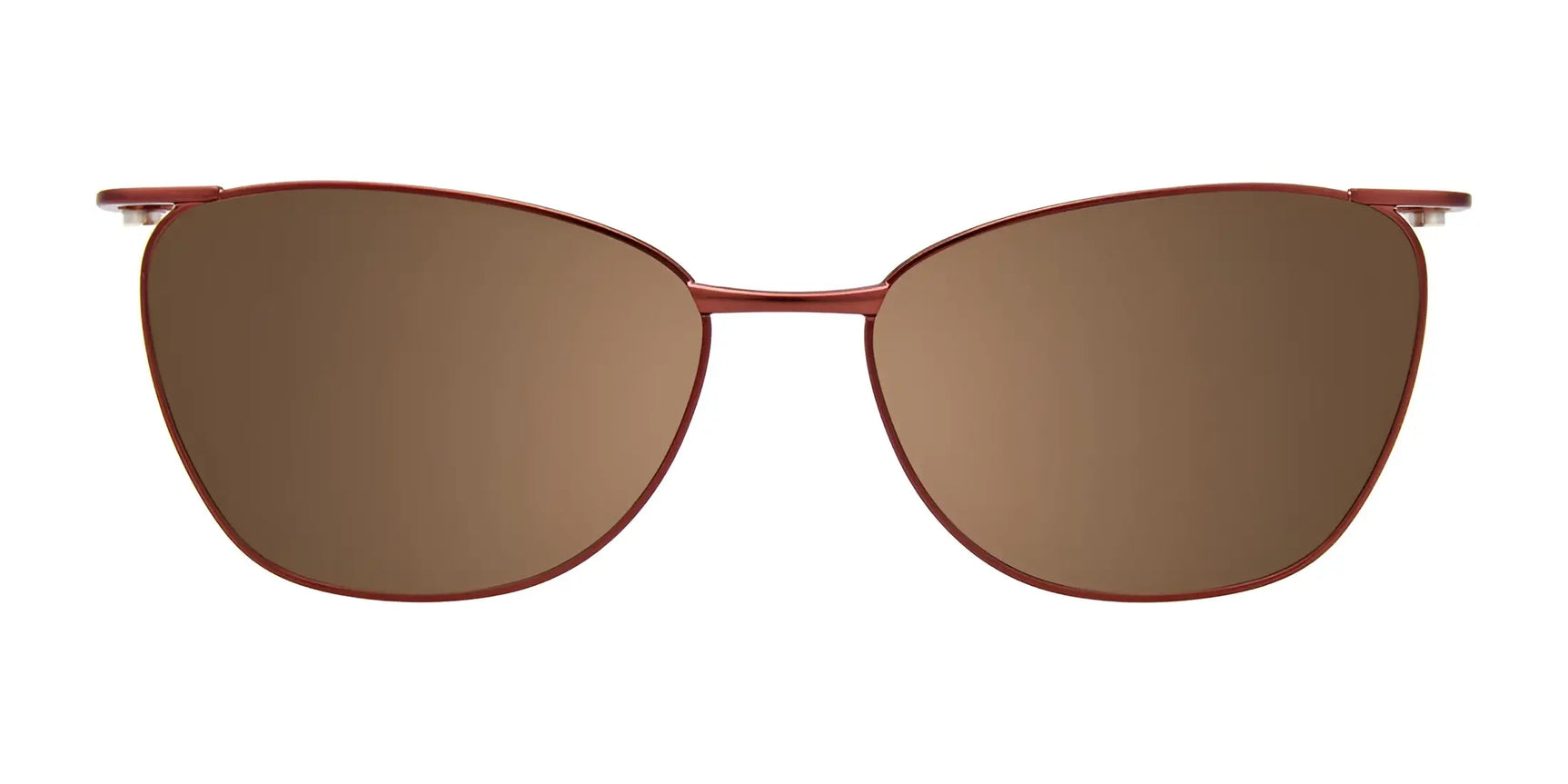 EasyClip EC591 eyeglasses with size 52 frames by EasyClip, shown with clip-on sunglasses in a brown cat-eye style and thin red frames, viewed from the front against a white background. EasyClip EC591 eyeglasses with size 52 frames by EasyClip, shown with clip-on sunglasses in a brown cat-eye style and thin red frames, viewed from the front against a white background.