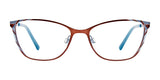 EasyClip EC591 Eyeglasses by EasyClip in brown and blue, feature rectangular frames, clear lenses, and blue temple tips; shown front view. Size 52. Includes clip-on sunglasses.