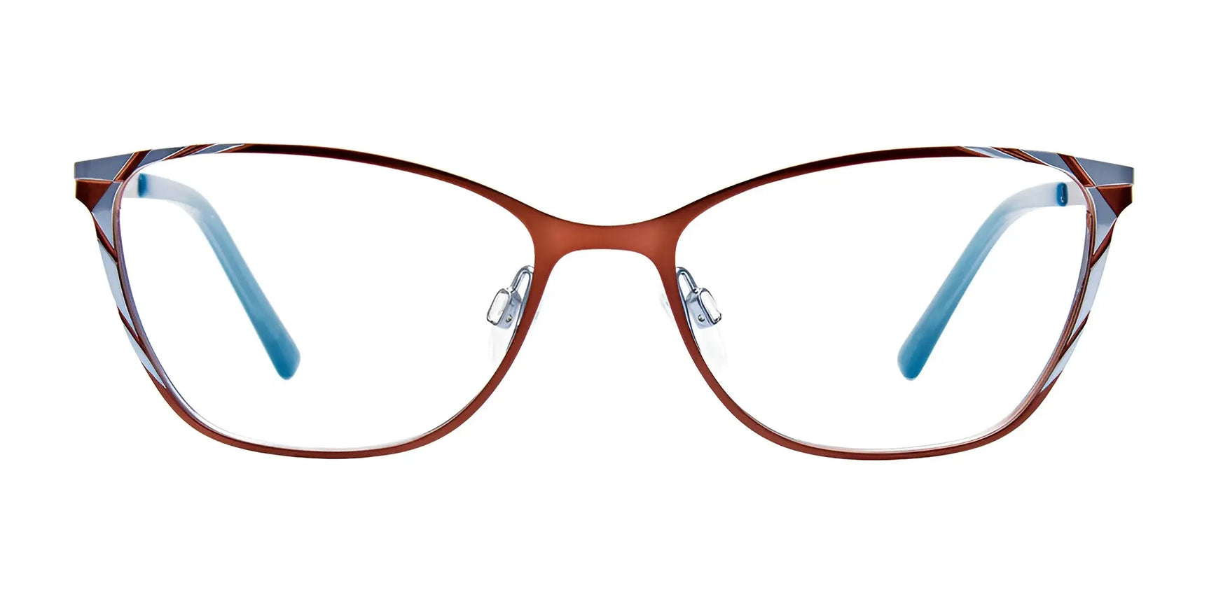 EasyClip EC591 Eyeglasses by EasyClip in brown and blue, feature rectangular frames, clear lenses, and blue temple tips; shown front view. Size 52. Includes clip-on sunglasses. EasyClip EC591 Eyeglasses by EasyClip in brown and blue, feature rectangular frames, clear lenses, and blue temple tips; shown front view. Size 52. Includes clip-on sunglasses.