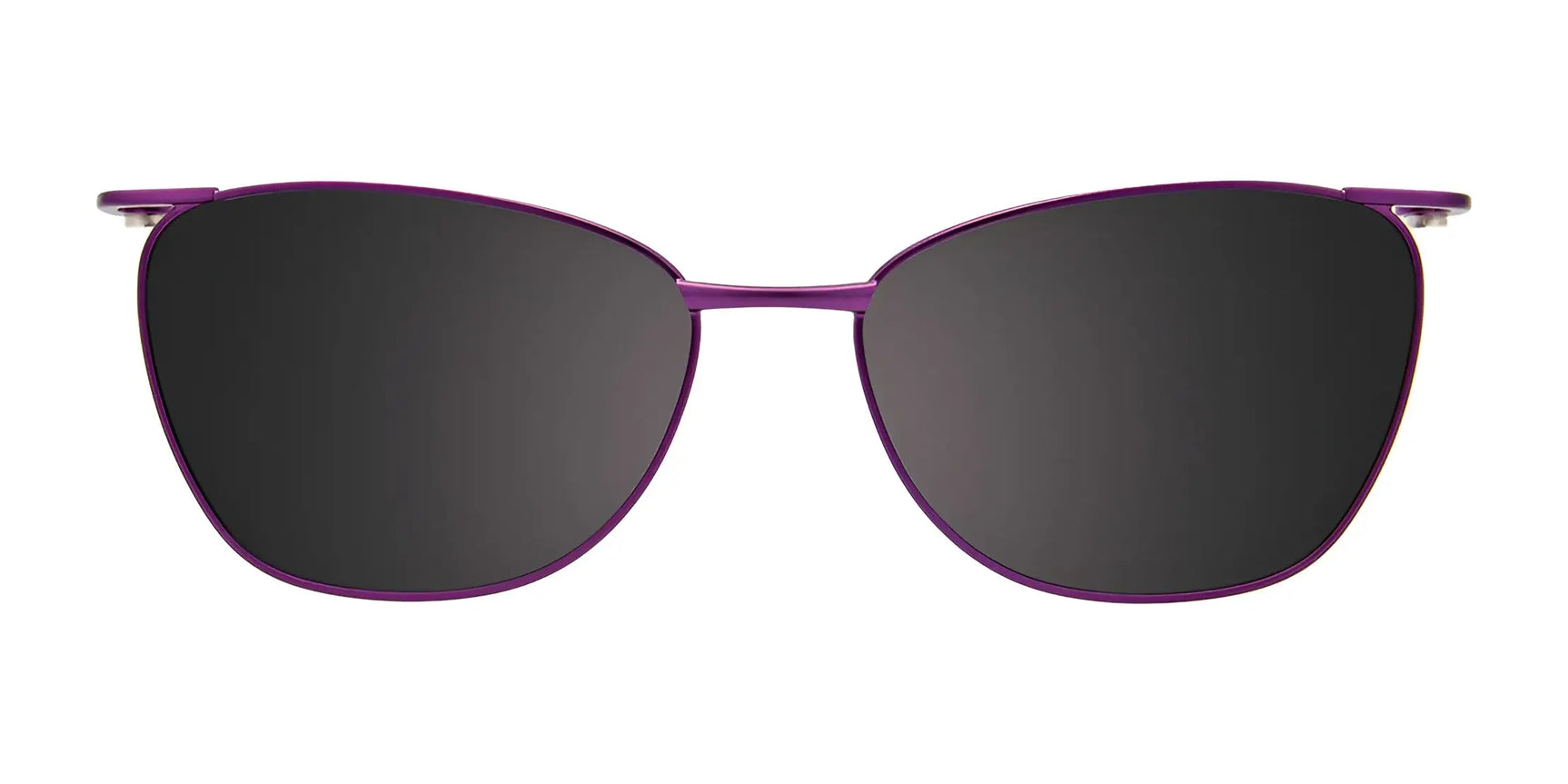 EasyClip EC591 eyeglasses with clip-on sunglasses in size 52, featuring purple frames and dark polarized lenses by EasyClip, shown on a white background. EasyClip EC591 eyeglasses with clip-on sunglasses in size 52, featuring purple frames and dark polarized lenses by EasyClip, shown on a white background.