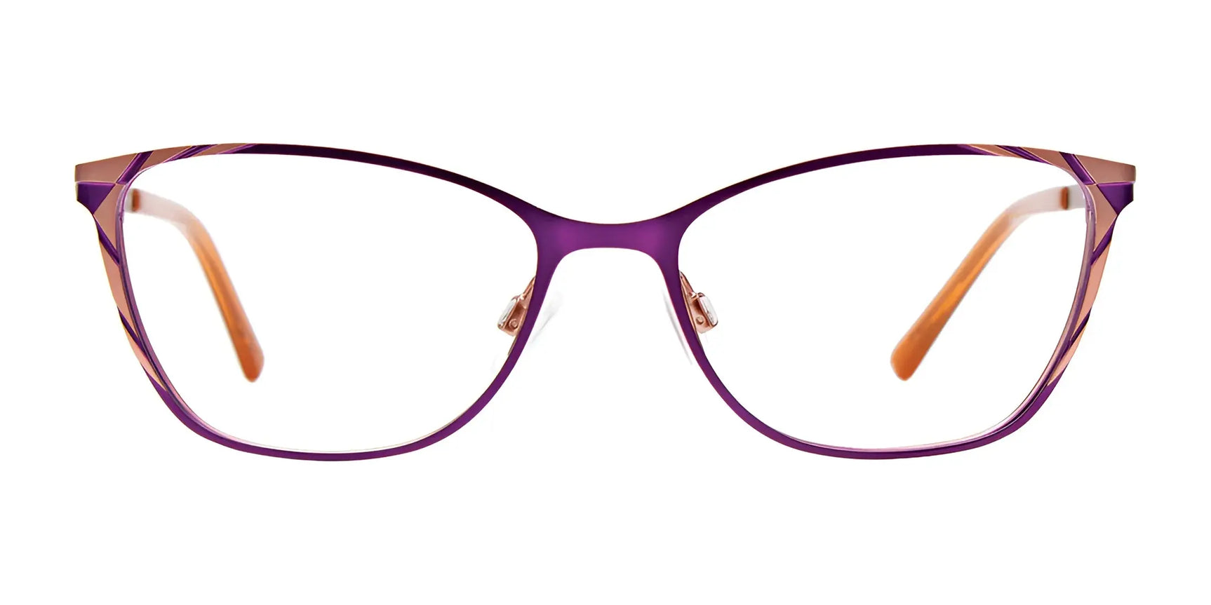 EasyClip EC591 Eyeglasses frames in purple with orange temple tips, shown from the front on a white background. Includes clip-on sunglasses. Size 52. EasyClip EC591 Eyeglasses frames in purple with orange temple tips, shown from the front on a white background. Includes clip-on sunglasses. Size 52.