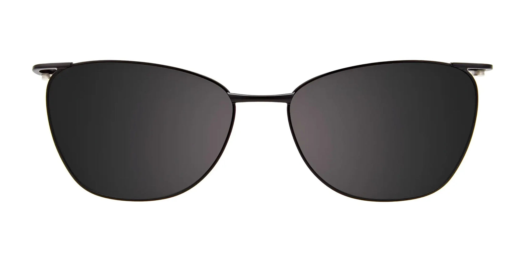 EasyClip EC591 Eyeglasses with Clip-on Sunglasses by EasyClip (Size 52) shown with black cat-eye polarized clip-on lenses and thin metal frames on a white background. EasyClip EC591 Eyeglasses with Clip-on Sunglasses by EasyClip (Size 52) shown with black cat-eye polarized clip-on lenses and thin metal frames on a white background.