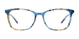 EasyClip EC686 Eyeglasses with Clip-on Sunglasses feature a blue, yellow, and black tortoiseshell patterned rectangular cat-eye frame. Brand: EasyClip. Size 52. Front view shown.