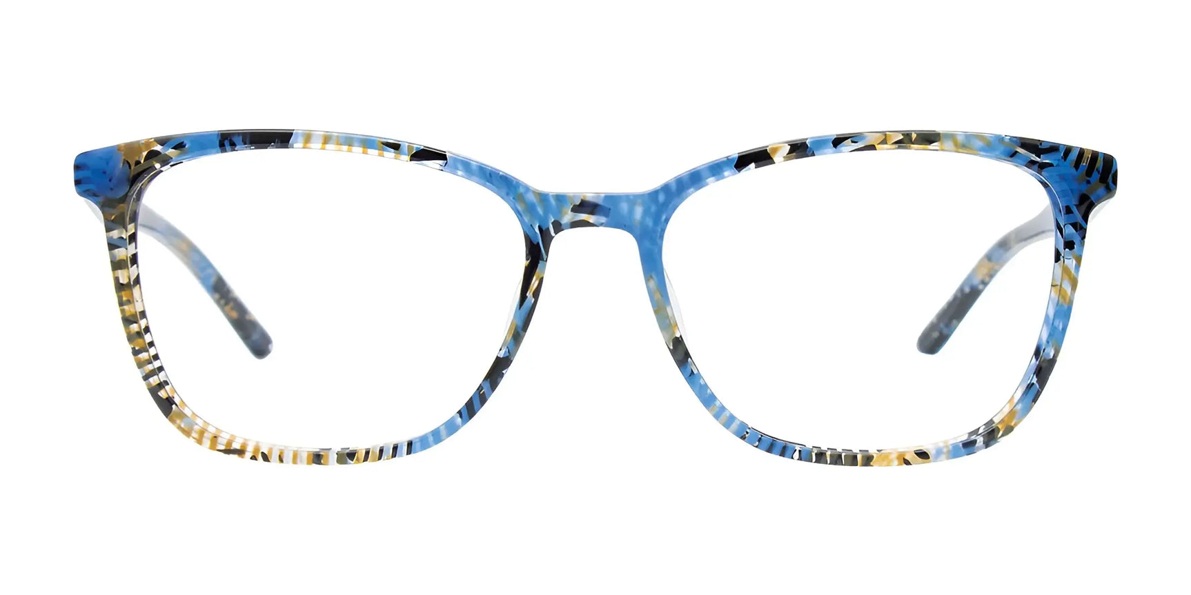 EasyClip EC686 Eyeglasses with Clip-on Sunglasses feature a blue, yellow, and black tortoiseshell patterned rectangular cat-eye frame. Brand: EasyClip. Size 52. Front view shown.