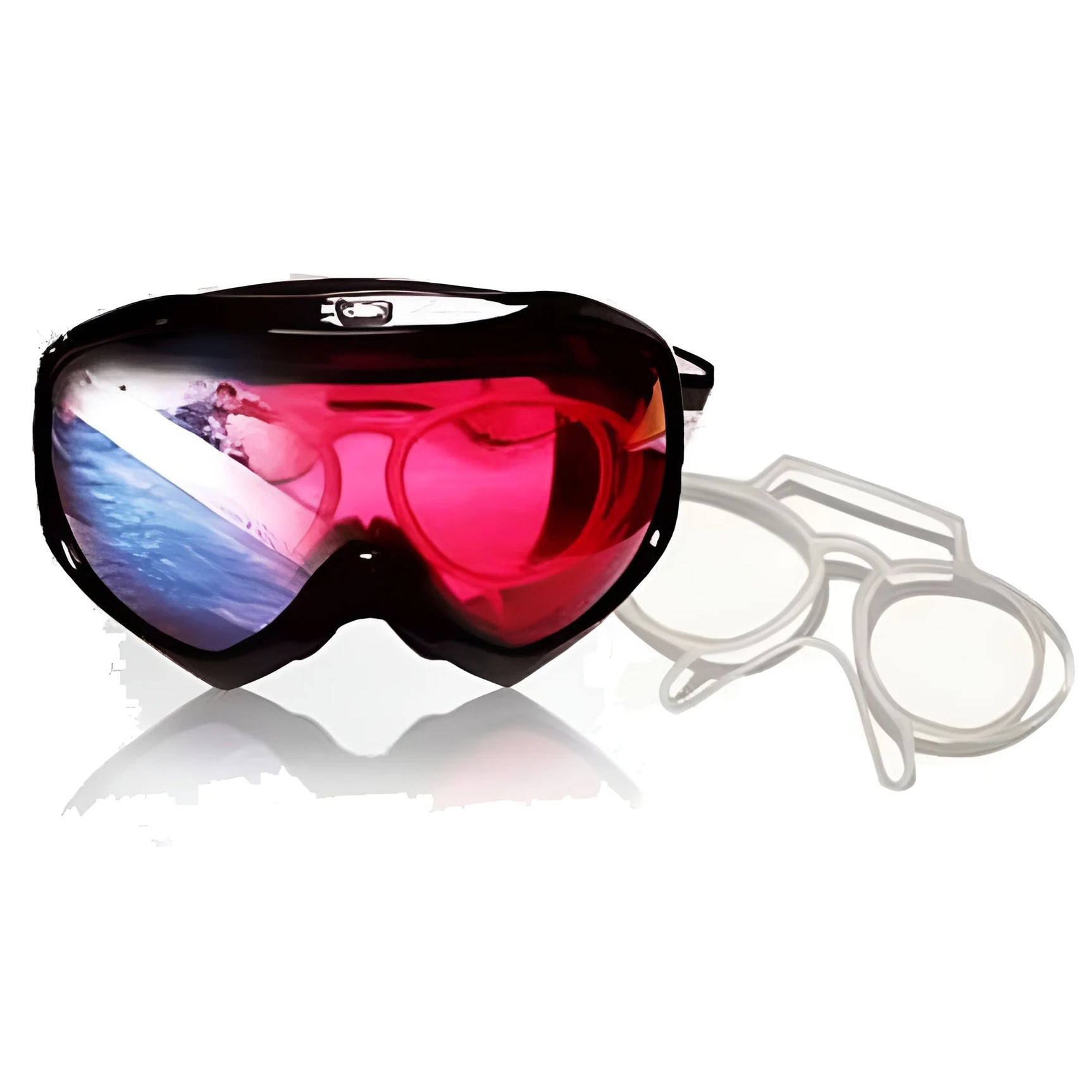 A person skiing is reflected in red ski goggles, paired with transparent white internal frames that feature the Heavyglare Eyewear Prescription Goggle Inserts | Universal Rx Adapter. A person skiing is reflected in red ski goggles, paired with transparent white internal frames that feature the Heavyglare Eyewear Prescription Goggle Inserts | Universal Rx Adapter.
