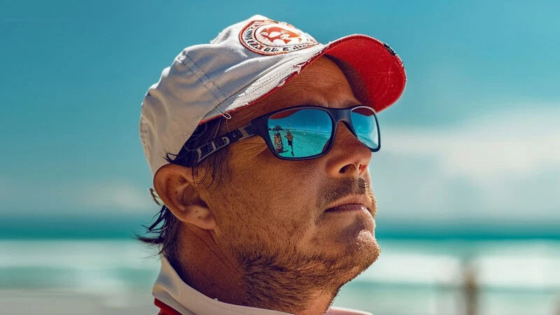 Man wearing Heavyglare prescription sunglasses with mirrored polarized lenses outdoors