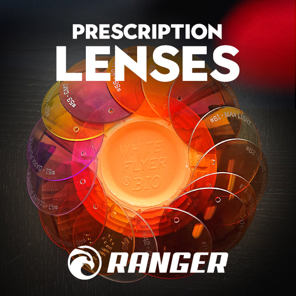 A stack of colorful RE Ranger Spare Prescription Lenses surrounds a clay target, with "Prescription Lenses" and "RE Ranger" above. A stack of colorful RE Ranger Spare Prescription Lenses surrounds a clay target, with "Prescription Lenses" and "RE Ranger" above.