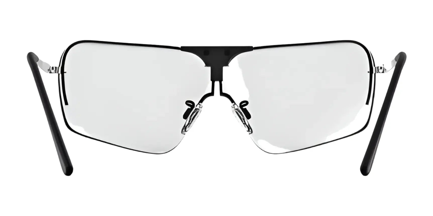 Front view of the rimless RE Ranger Edge Shooting Glasses with black temples and bridge, featuring Claysight lenses and nose pads for clear vision. Front view of the rimless RE Ranger Edge Shooting Glasses with black temples and bridge, featuring Claysight lenses and nose pads for clear vision.