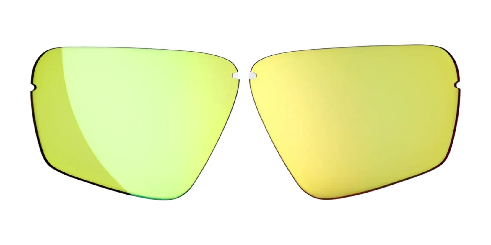 A pair of RE Ranger Edge yellow-green mirrored CMT sunglass lenses by RE Ranger displayed frameless against a white background.