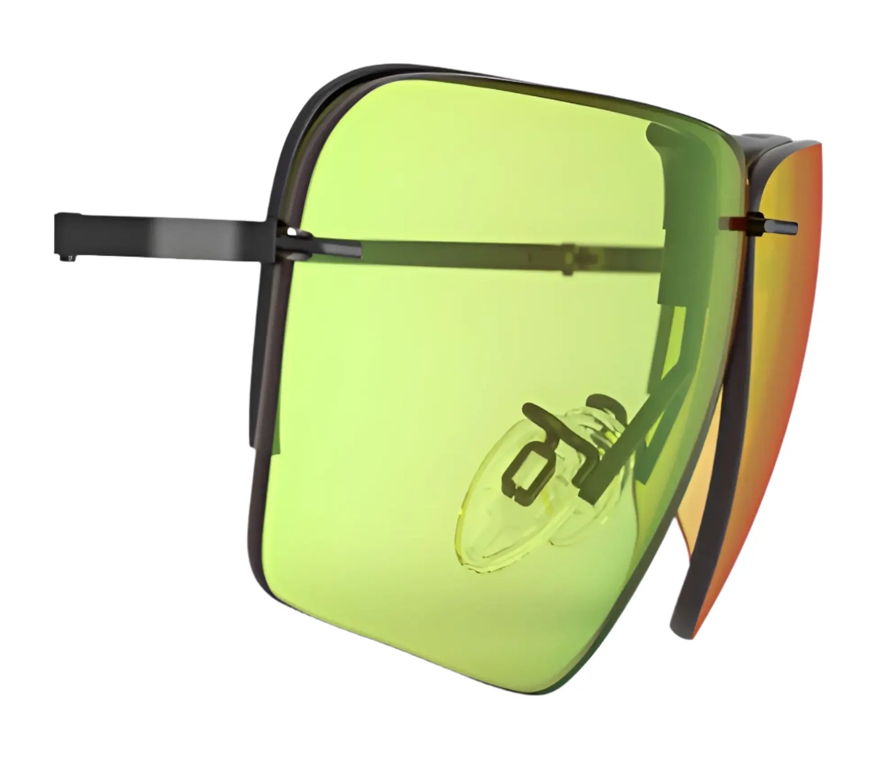 The RE Ranger Edge Lens by RE Ranger features square black frames with green-yellow gradient lenses and side shield panels, enhanced by advanced Claysight Lens Technology, shown from an angled view.