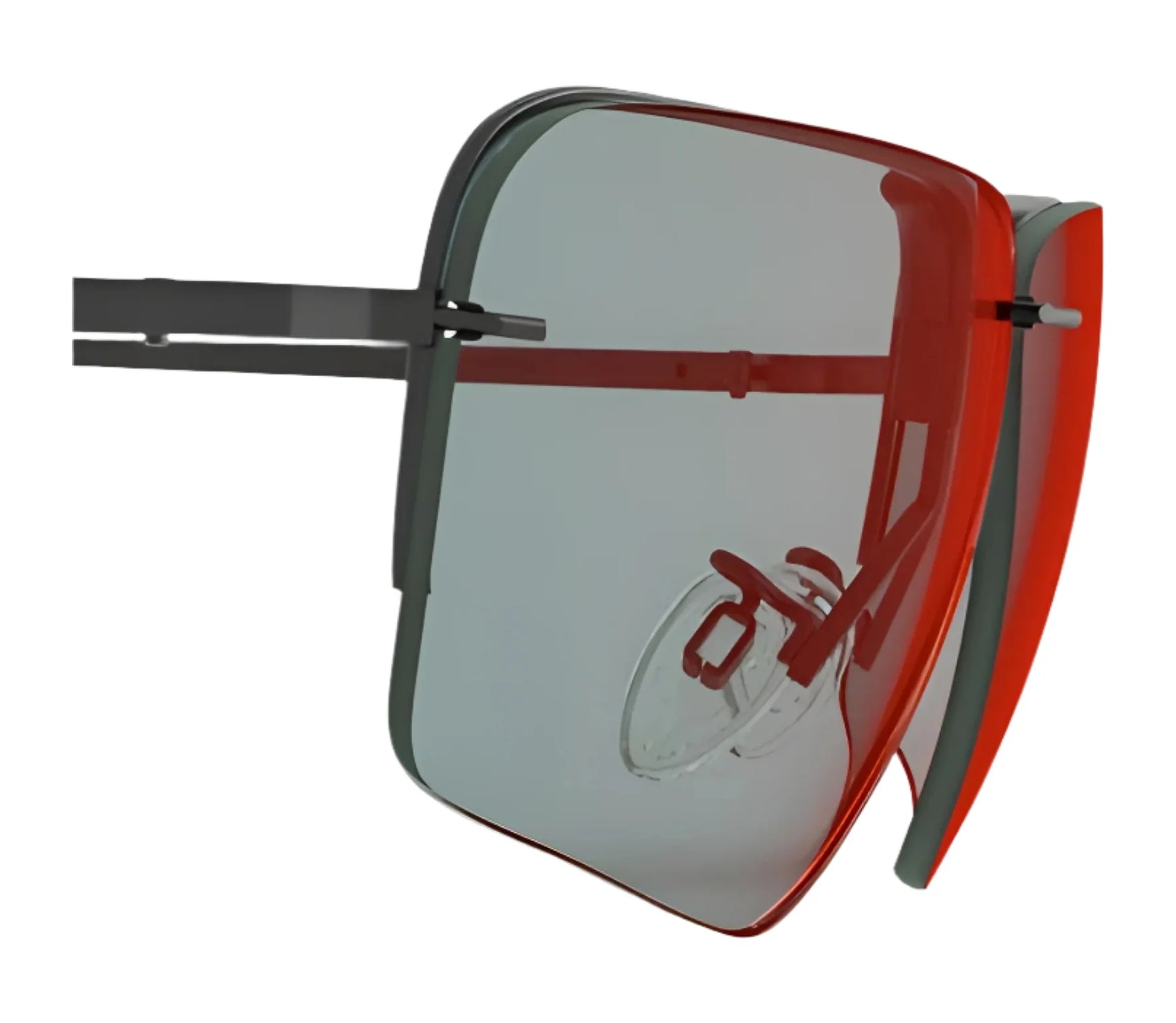 Close-up of RE Ranger Edge Lens eyeglasses by RE Ranger, featuring red-tinted Claysight shooting lenses and adjustable nose pads, isolated on white background. Close-up of RE Ranger Edge Lens eyeglasses by RE Ranger, featuring red-tinted Claysight shooting lenses and adjustable nose pads, isolated on white background.