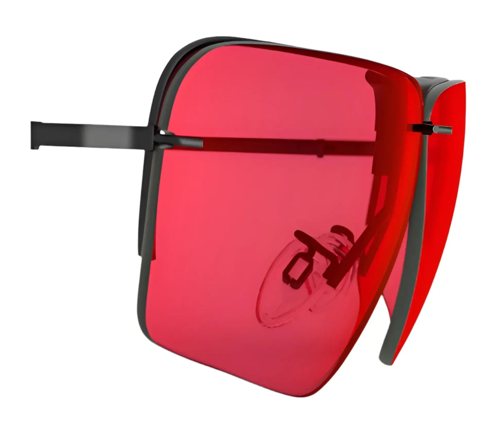 Large, square RE Ranger Edge sunglasses by RE Ranger feature bold red-tinted Claysight Lens Technology and black frames, shown from a side angle. Large, square RE Ranger Edge sunglasses by RE Ranger feature bold red-tinted Claysight Lens Technology and black frames, shown from a side angle.