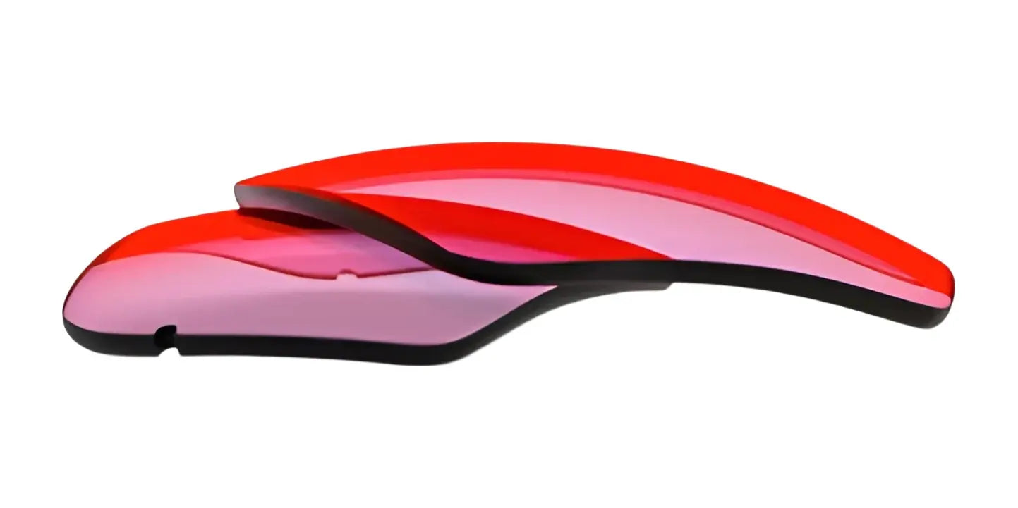 Two curved, shiny RE Ranger Edge Lenses in red and pink, featuring Claysight Lens Technology from RE Ranger, are stacked on a white background. Two curved, shiny RE Ranger Edge Lenses in red and pink, featuring Claysight Lens Technology from RE Ranger, are stacked on a white background.