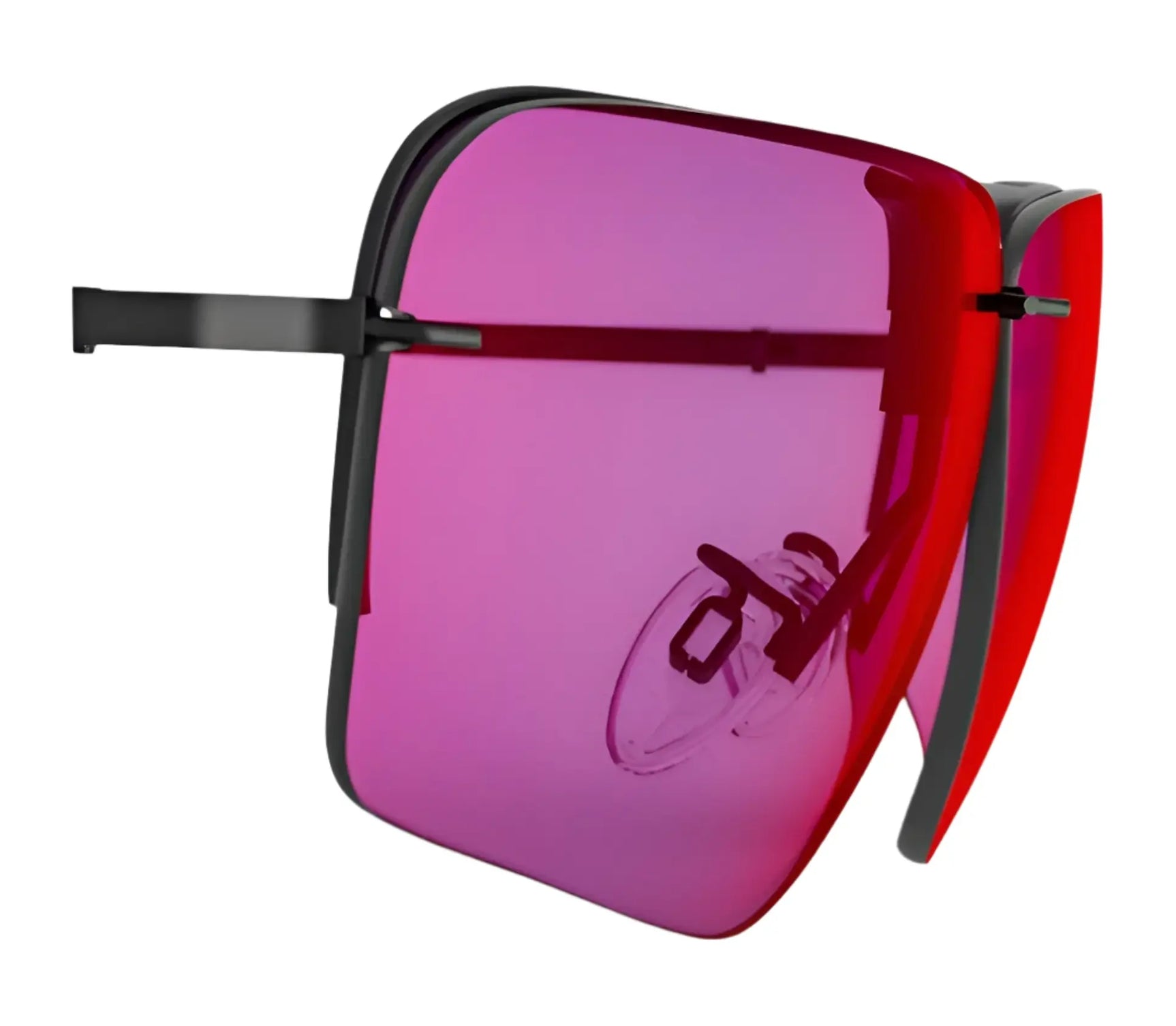 Oversized RE Ranger Edge Lens sunglasses by RE Ranger, featuring square Claysight lenses with a pink tint and sleek black frames, displayed on a white background.