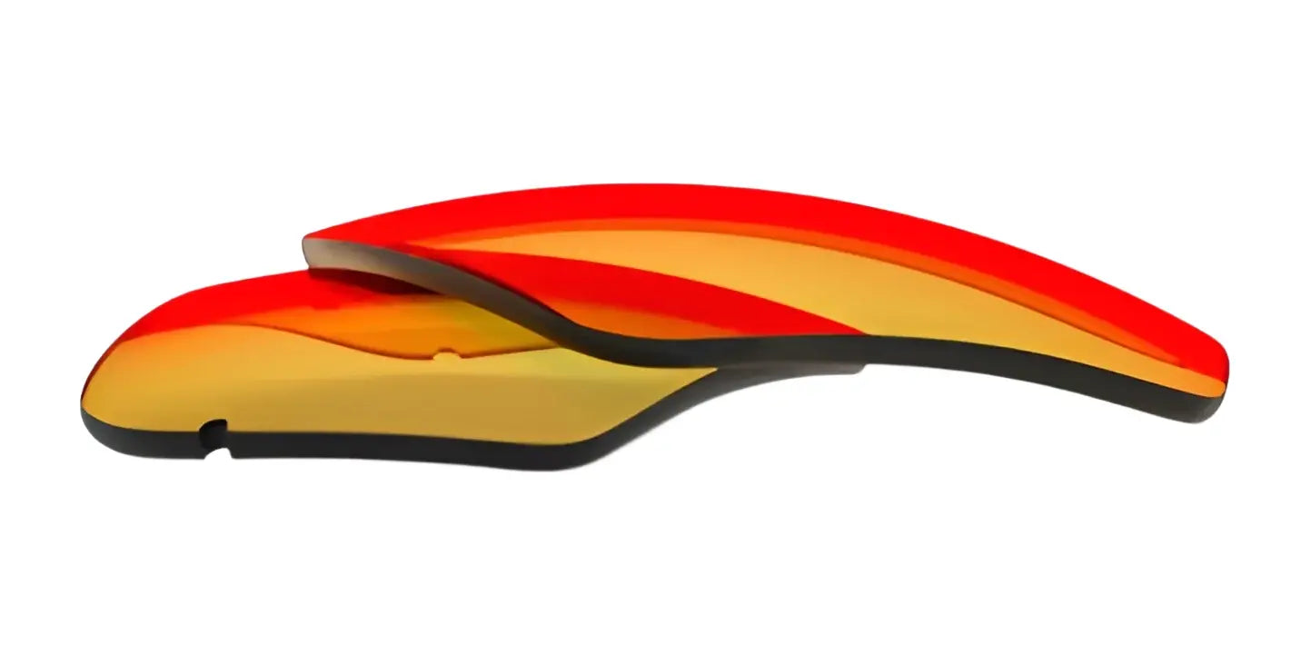 Two curved, red and yellow-tinted RE Ranger Edge replacement lenses featuring Claysight Lens Technology for sports sunglasses by RE Ranger, displayed on a white background.