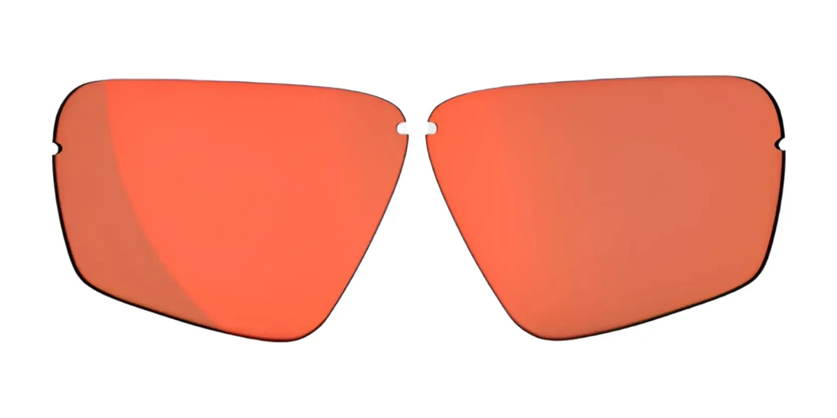 A pair of RE Ranger Edge replacement sunglass lenses with Claysight Lens Technology, shown in orange tint on a white background. A pair of RE Ranger Edge replacement sunglass lenses with Claysight Lens Technology, shown in orange tint on a white background.