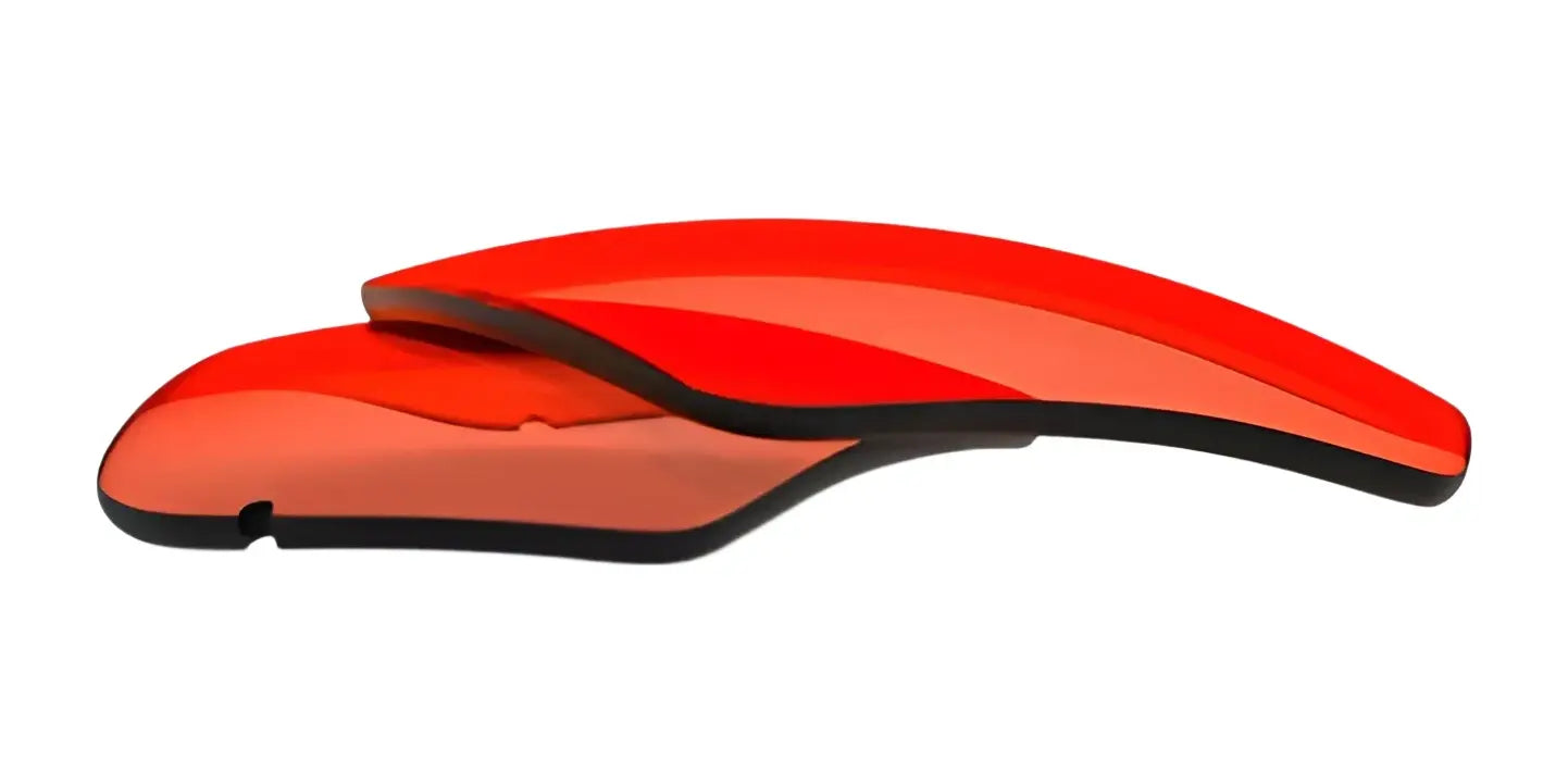 Two curved RE Ranger Edge Lenses with red-tinted Claysight technology and black edges, stacked on a white background.