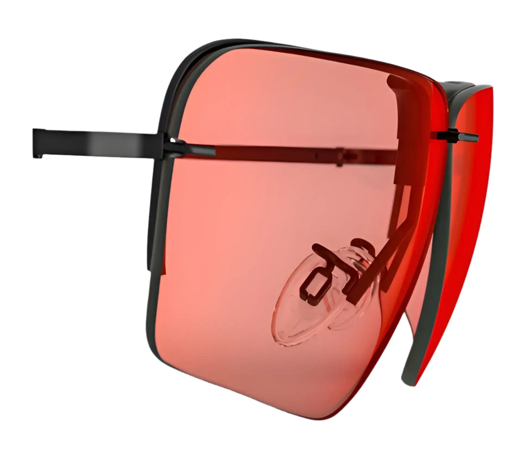 The RE Ranger Edge Lens by RE Ranger, featuring red square lenses and black frames with Claysight Lens Technology, is shown from a side angle on a white background. The RE Ranger Edge Lens by RE Ranger, featuring red square lenses and black frames with Claysight Lens Technology, is shown from a side angle on a white background.
