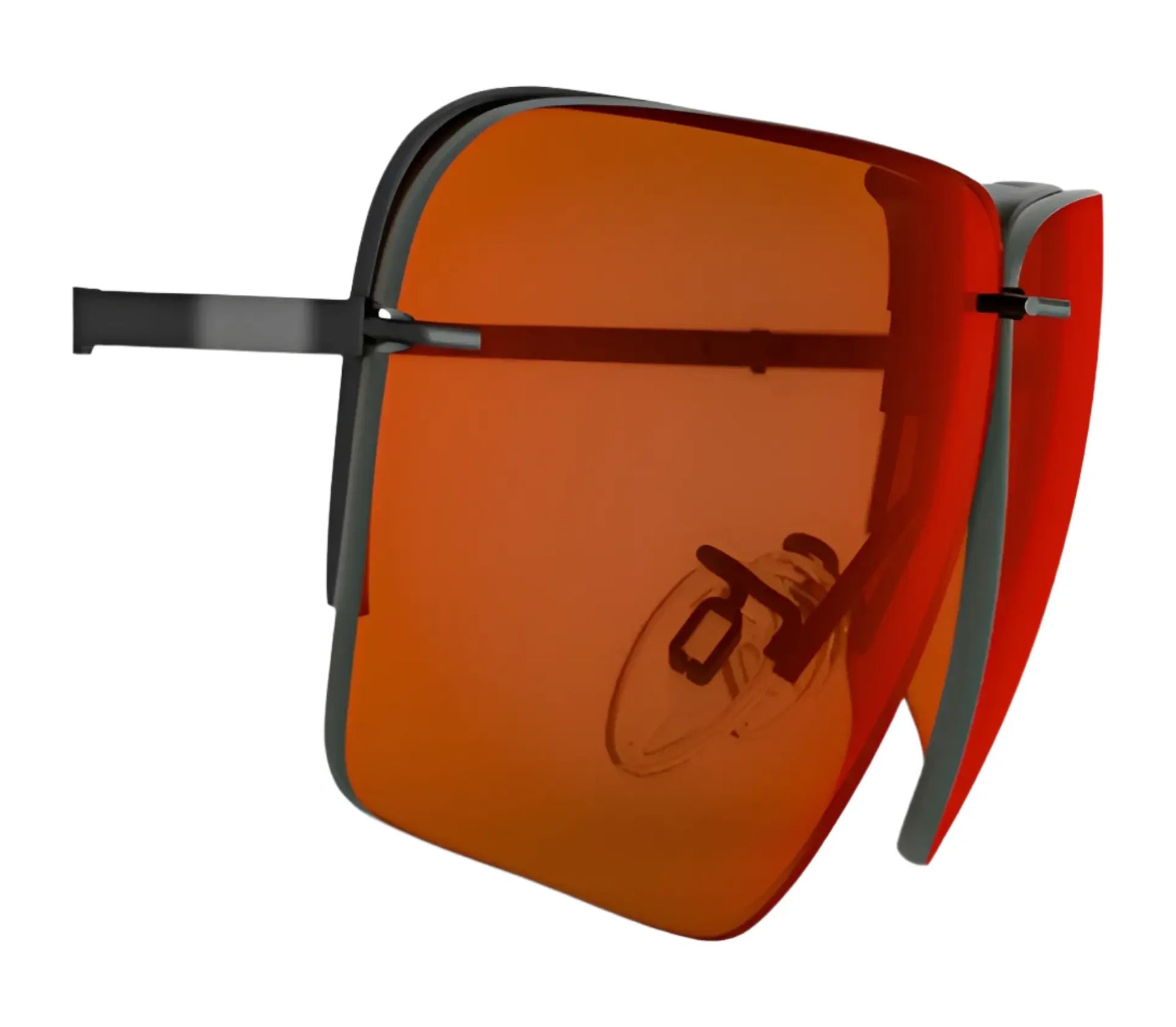 RE Ranger Edge Lens sunglasses by RE Ranger, featuring large orange-tinted visors with black frames, visible nose pads, and Claysight Lens Technology for enhanced clarity, shown in a side view. RE Ranger Edge Lens sunglasses by RE Ranger, featuring large orange-tinted visors with black frames, visible nose pads, and Claysight Lens Technology for enhanced clarity, shown in a side view.