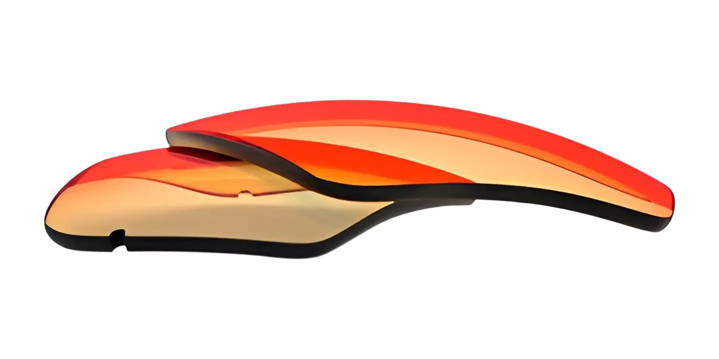 Two orange-tinted curved RE Ranger Edge Lenses are stacked on a white background, featuring RE Ranger's Claysight Lens Technology for exceptional clarity. Two orange-tinted curved RE Ranger Edge Lenses are stacked on a white background, featuring RE Ranger's Claysight Lens Technology for exceptional clarity.