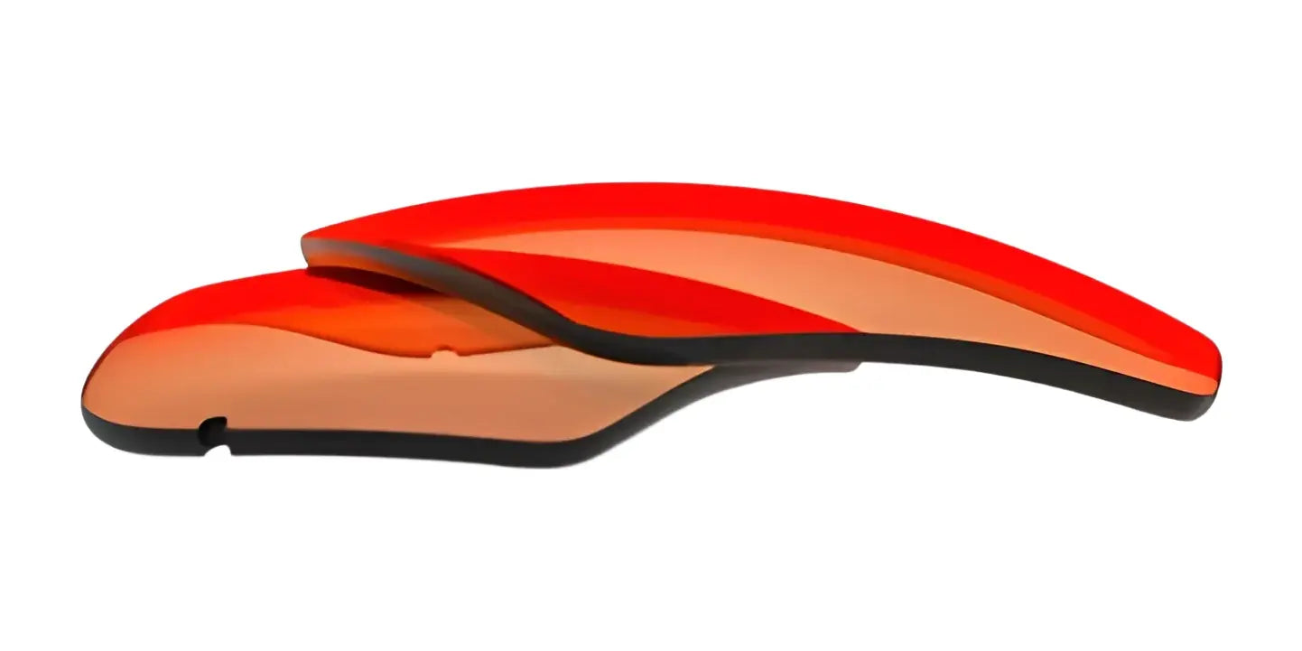 Two curved, orange-tinted RE Ranger Edge Lens sunglass lenses featuring Claysight Lens Technology are stacked on a white background.