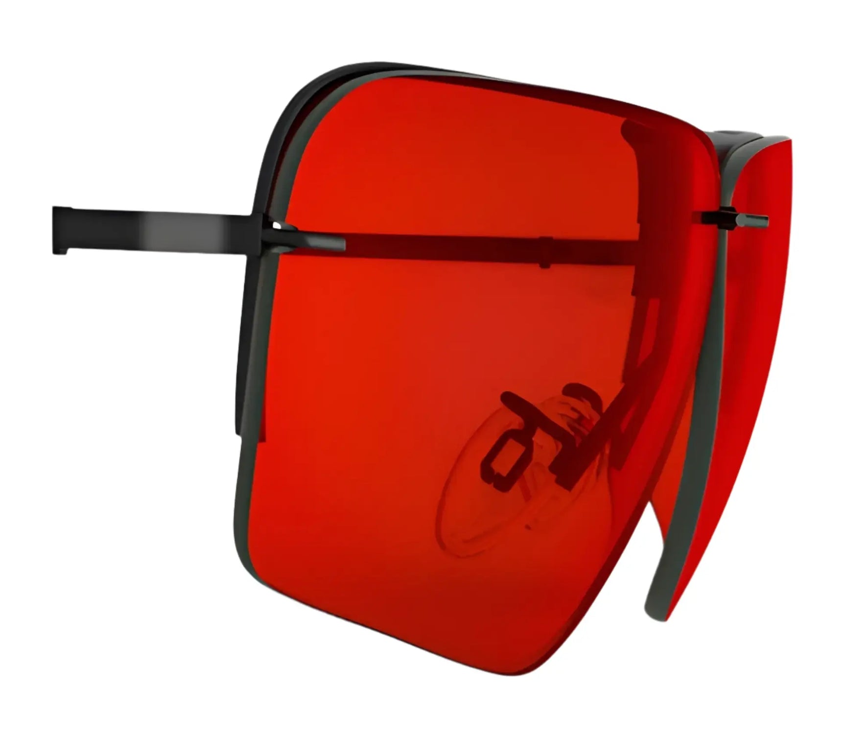 The RE Ranger Edge Lens by RE Ranger, shown from an angle, features large, futuristic sunglasses with oversized red lenses and a sleek black frame using Claysight Lens Technology. The RE Ranger Edge Lens by RE Ranger, shown from an angle, features large, futuristic sunglasses with oversized red lenses and a sleek black frame using Claysight Lens Technology.