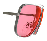 Close-up of RE Ranger Sporter Clip-On Lens eyeglasses showcasing a sleek metallic frame and pink-tinted lens by RE Ranger for a stylish, modern appearance.
