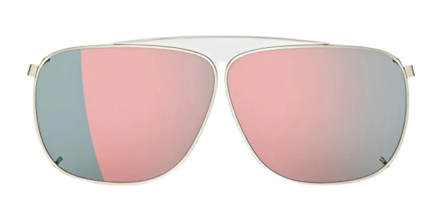 The RE Ranger Sporter Clip-On Lens by RE Ranger features pink-mirrored aviator lenses and thin, light metal frames with RIACT A.I. Sporter lens technology for enhanced clarity in changing light, shown from the front.