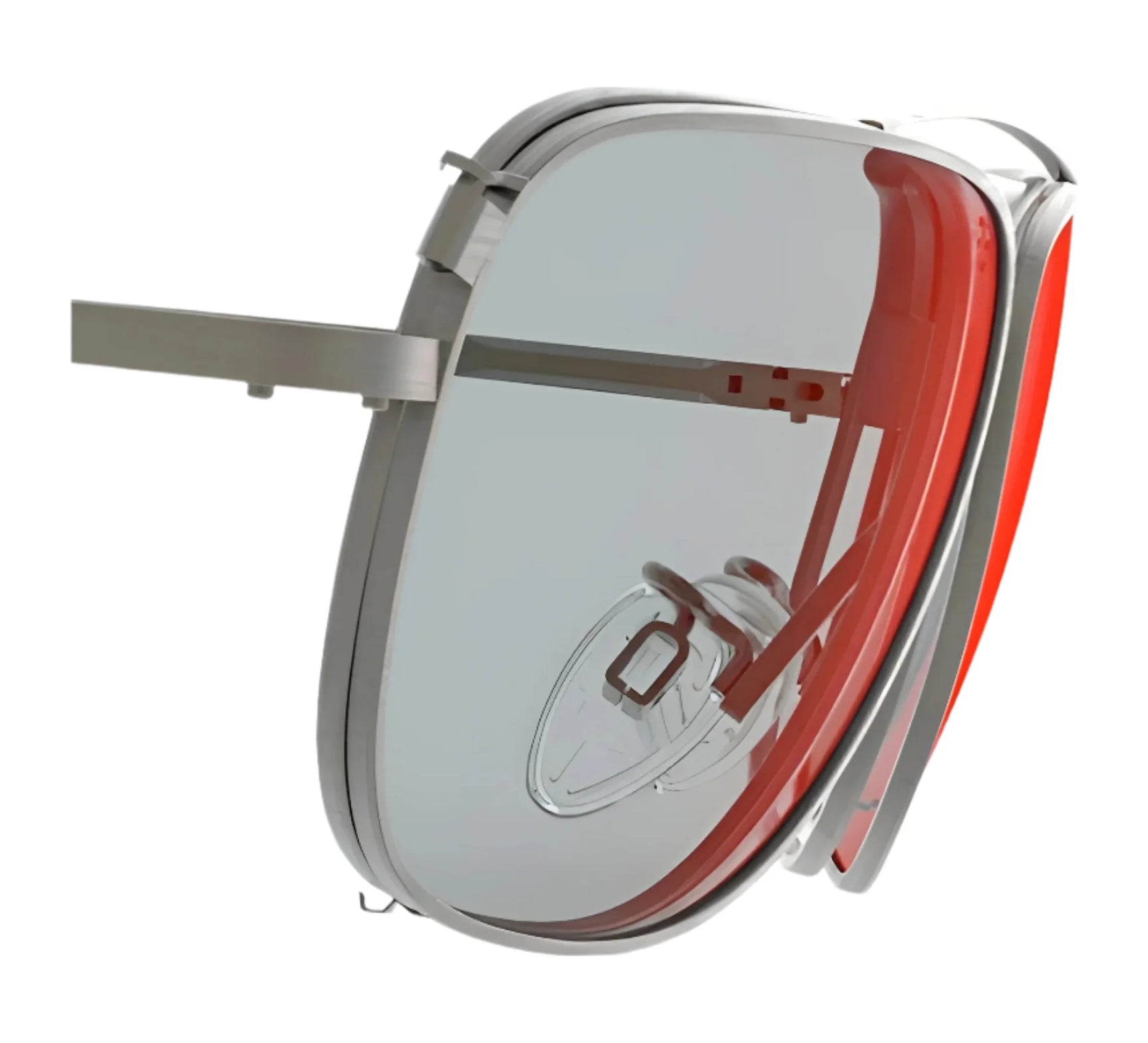 A close-up of the right lens and frame of RE Ranger Sporter Clip-On Lens, a modern, partially transparent headset by RE Ranger designed for seamless adaptation to changing light conditions. A close-up of the right lens and frame of RE Ranger Sporter Clip-On Lens, a modern, partially transparent headset by RE Ranger designed for seamless adaptation to changing light conditions.