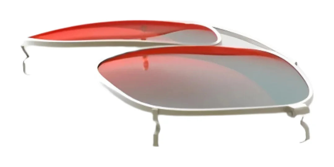 Two RE Ranger Sporter Clip-On Lens pairs with white frames and red-tinted lenses, overlapping on a white background—ideal for changing light conditions. Brand: RE Ranger. Two RE Ranger Sporter Clip-On Lens pairs with white frames and red-tinted lenses, overlapping on a white background—ideal for changing light conditions. Brand: RE Ranger.