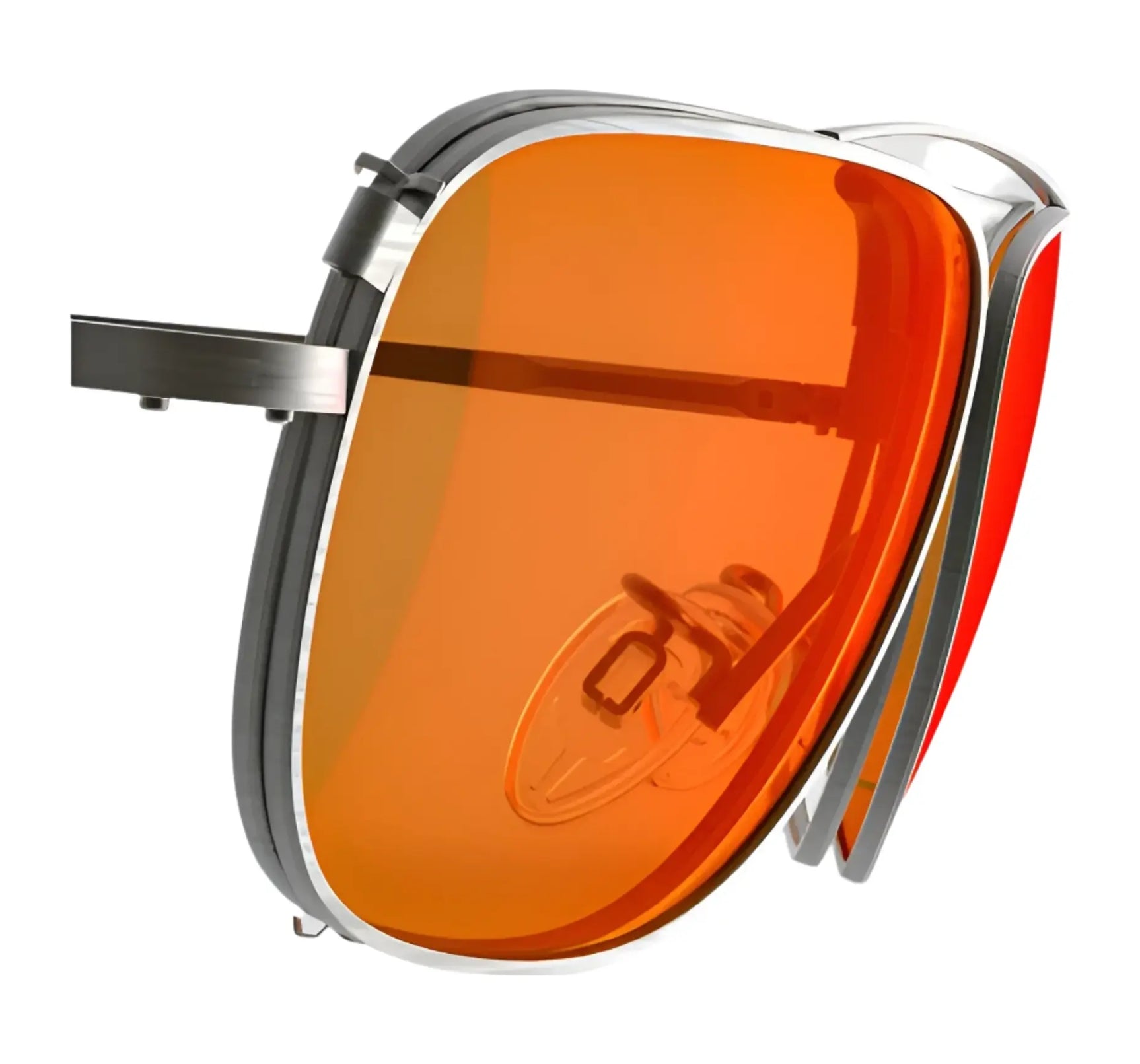 Close-up of RE Ranger Sporter Clip-On Lens sunglasses featuring orange-tinted lenses and a metallic frame, shown at an angle against a white background.