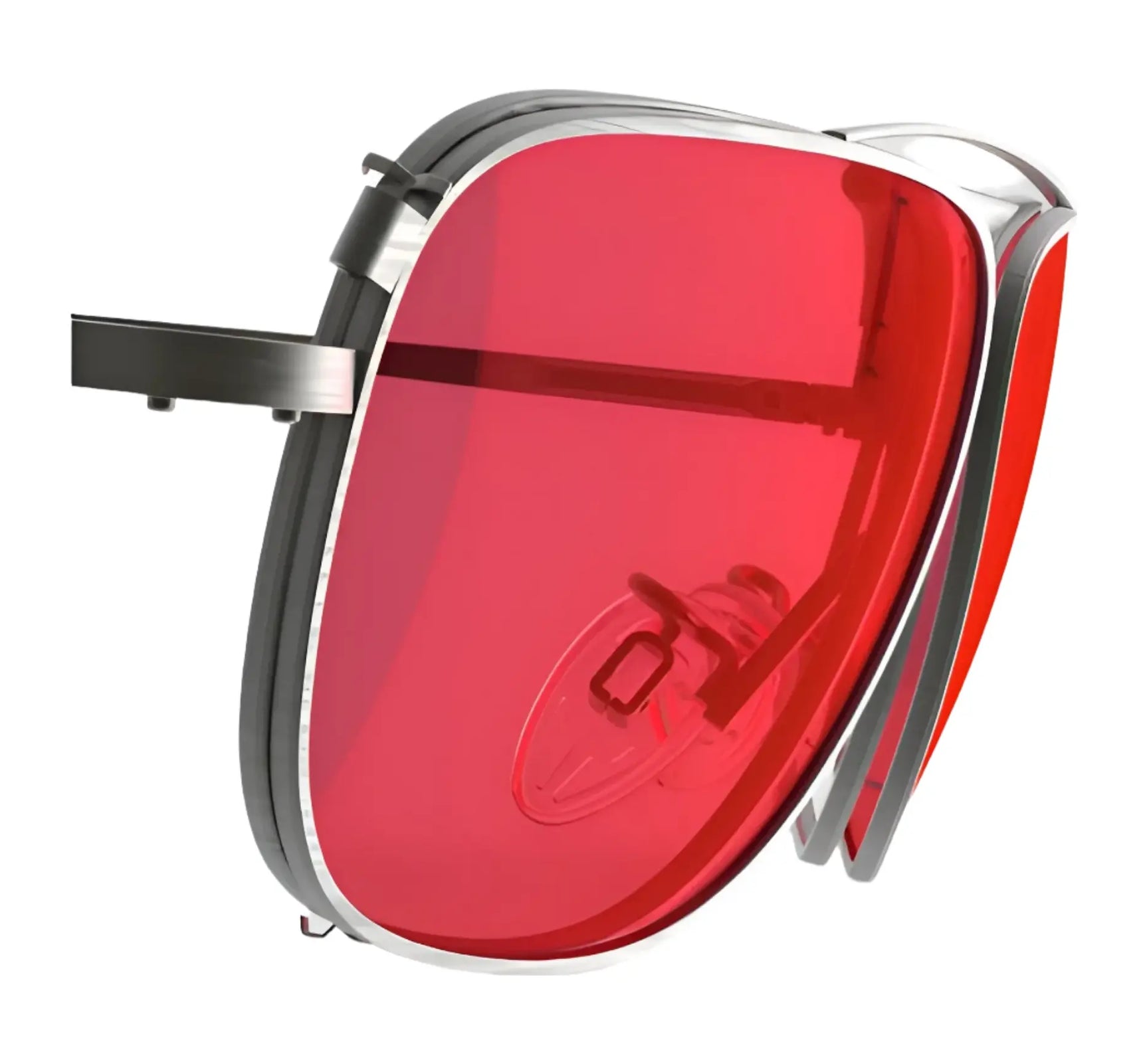 A close-up of RE Ranger Sporter Clip-On Lens safety eyewear by RE Ranger, featuring a sleek, modern metallic frame and red-tinted lens, displayed from the side. A close-up of RE Ranger Sporter Clip-On Lens safety eyewear by RE Ranger, featuring a sleek, modern metallic frame and red-tinted lens, displayed from the side.