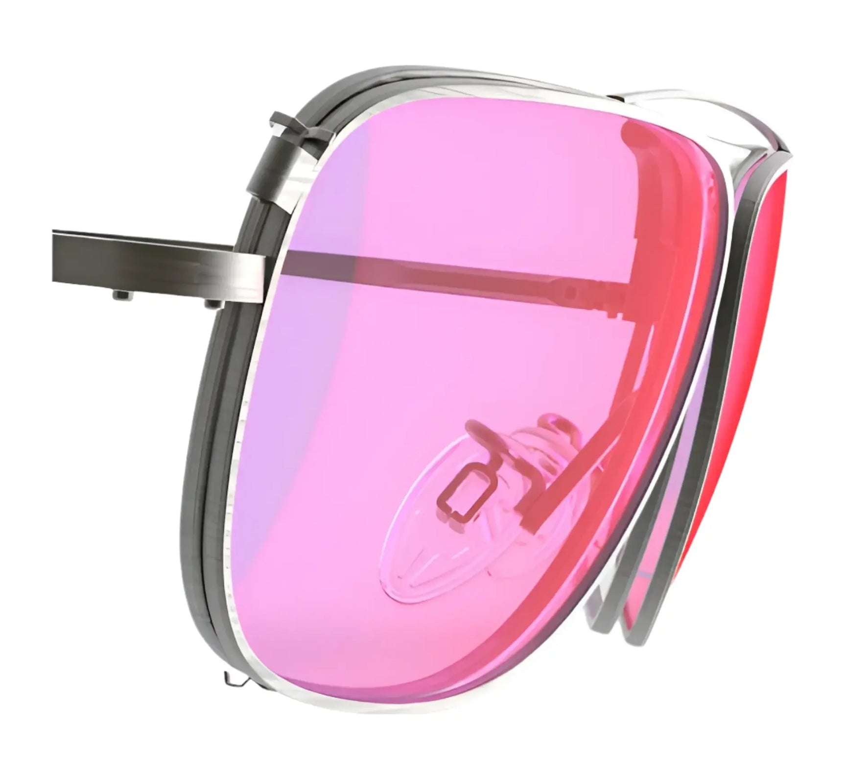A close-up of RE Ranger Sporter Clip-On Lens eyeglasses by RE Ranger with pink-tinted, frameless design, metallic arms and nose pads, featuring advanced RIACT A.I. lens technology on a white background. A close-up of RE Ranger Sporter Clip-On Lens eyeglasses by RE Ranger with pink-tinted, frameless design, metallic arms and nose pads, featuring advanced RIACT A.I. lens technology on a white background.