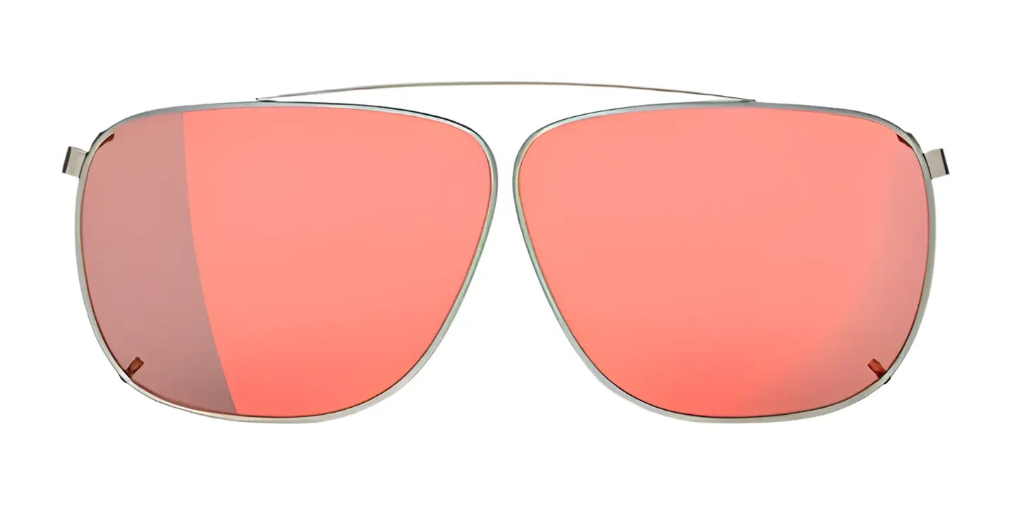 The RE Ranger Sporter Clip-On Lens by RE Ranger features a large, square, rose-tinted lens and a thin silver frame.