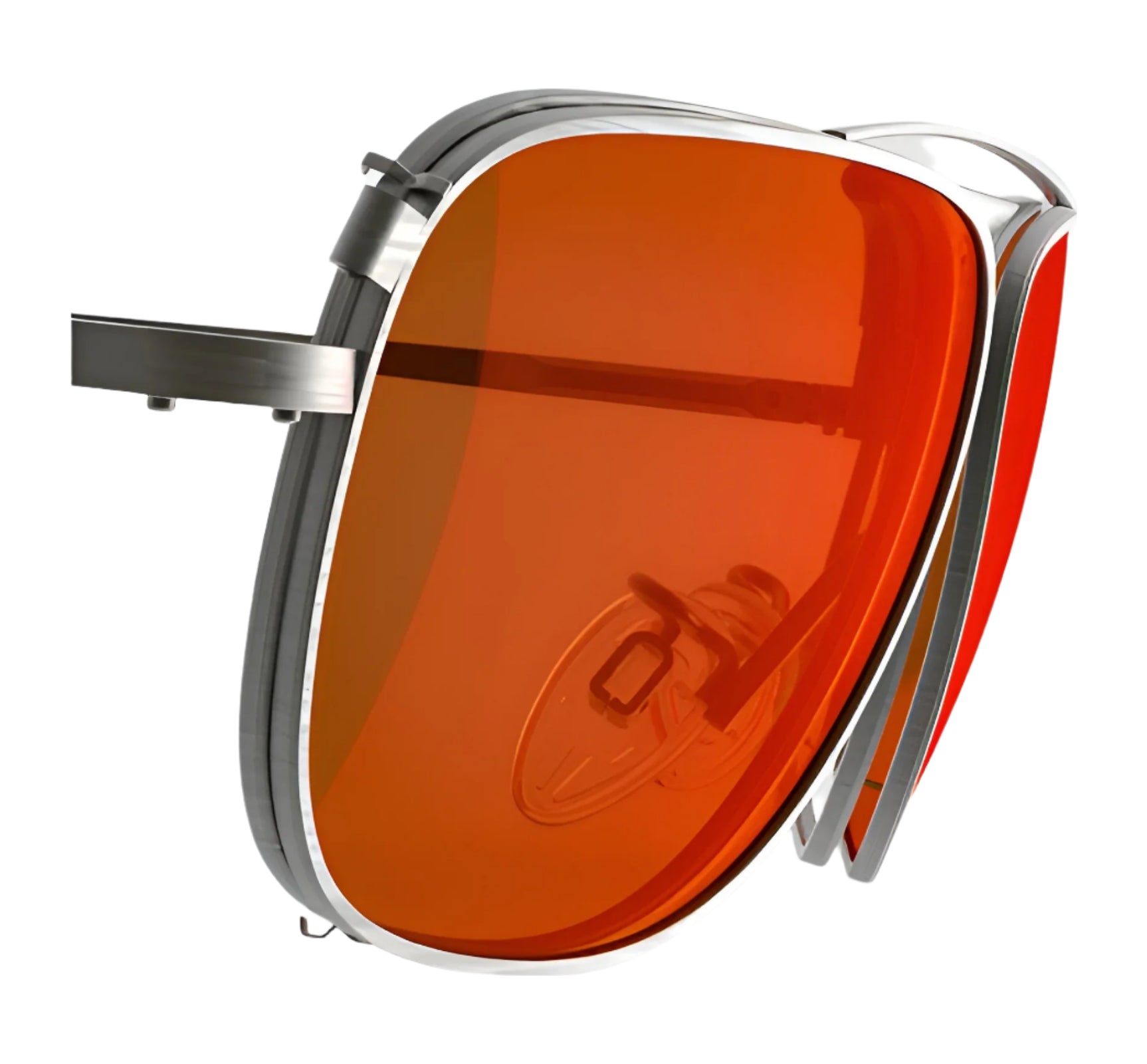 Close-up of RE Ranger Sporter Clip-On Lens, featuring orange-tinted RIACT A.I. lens and a sleek silver frame by RE Ranger, shown from a side angle on a white background.