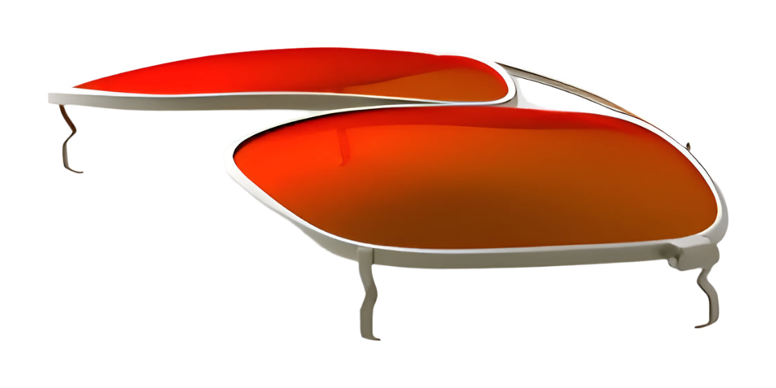 Two orange-tinted RE Ranger Sporter Clip-On Lenses with white frames from RE Ranger lie side by side on a white background. Two orange-tinted RE Ranger Sporter Clip-On Lenses with white frames from RE Ranger lie side by side on a white background.