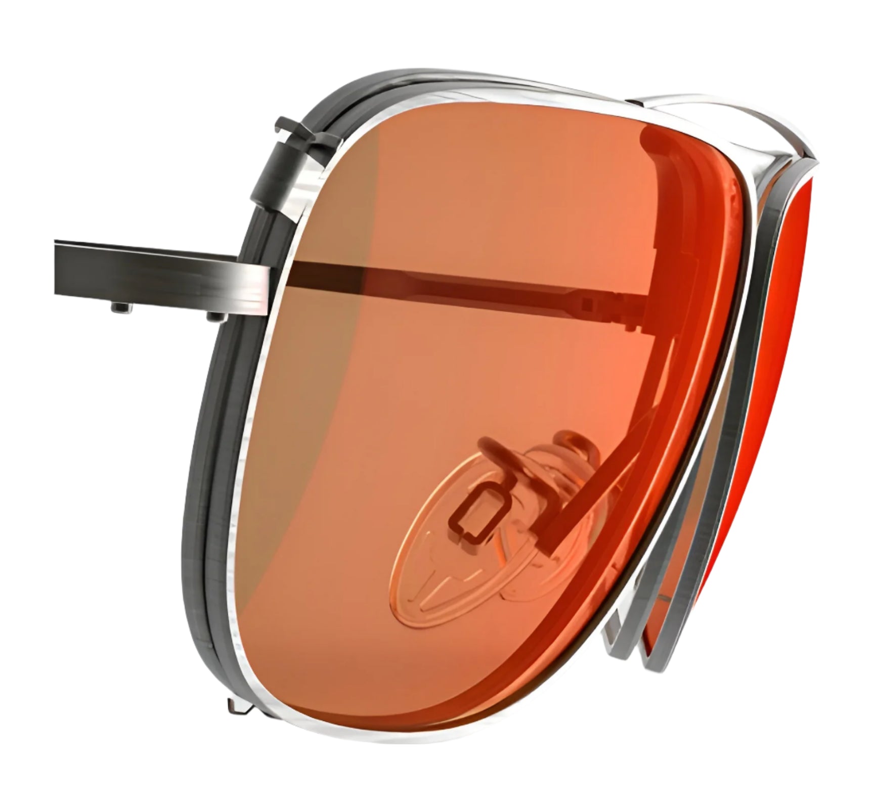 Close-up of RE Ranger Sporter Clip-On Lens sunglasses, showcasing RIACT A.I. lens technology with orange-tinted lenses and silver metallic frames from RE Ranger, displayed on a white background. Close-up of RE Ranger Sporter Clip-On Lens sunglasses, showcasing RIACT A.I. lens technology with orange-tinted lenses and silver metallic frames from RE Ranger, displayed on a white background.