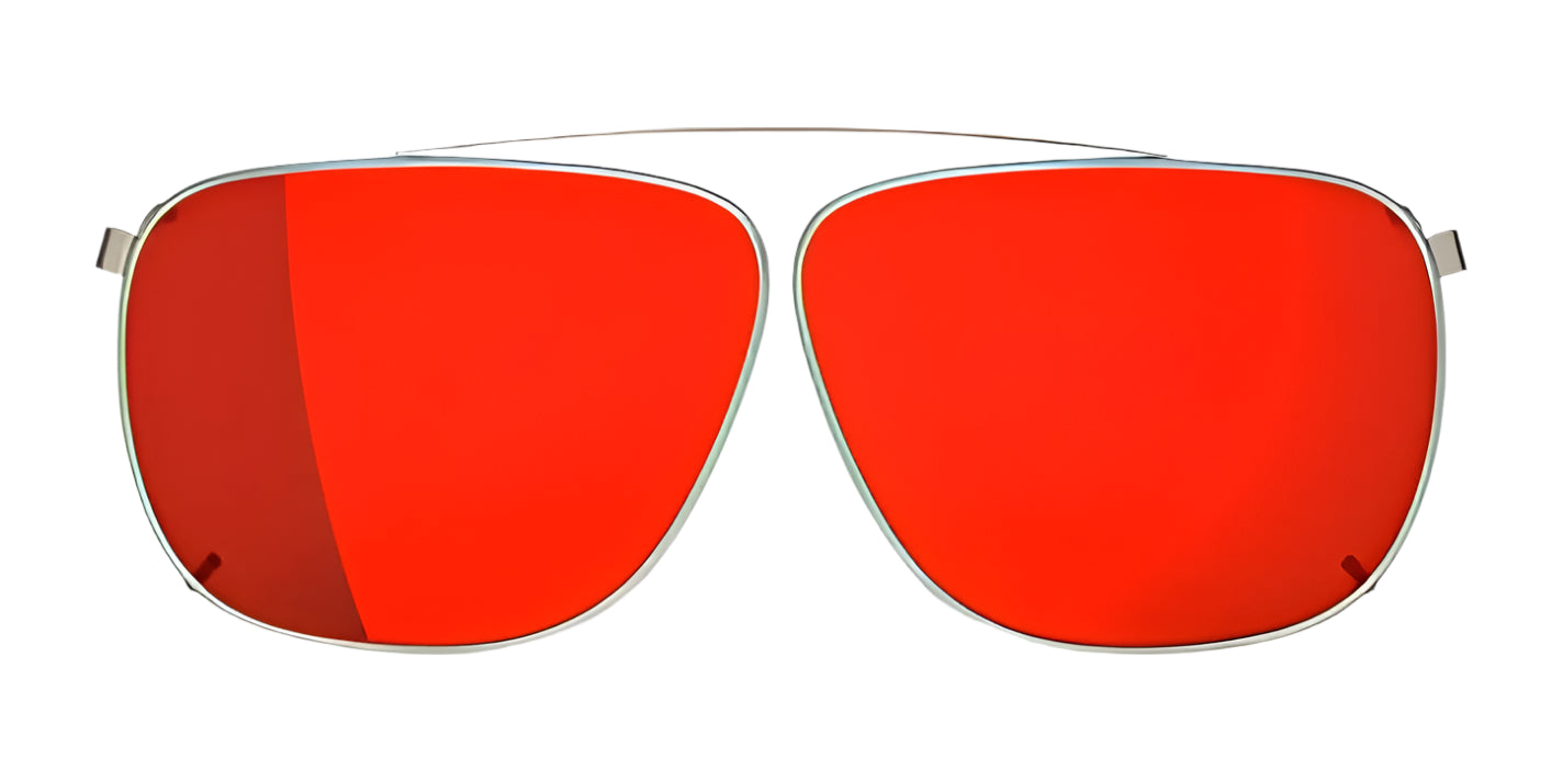 The RE Ranger Sporter Clip-On Lens by RE Ranger features large, square, red-tinted lenses and a thin metal frame that adapts seamlessly to varying light conditions. Shown on a white background. The RE Ranger Sporter Clip-On Lens by RE Ranger features large, square, red-tinted lenses and a thin metal frame that adapts seamlessly to varying light conditions. Shown on a white background.