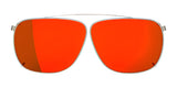 RE Ranger Sporter Clip-On Lens by RE Ranger features bright orange RIACT A.I. Sporter lenses in a thin metal frame, designed to enhance vision in varying light conditions. Shown on a white background.