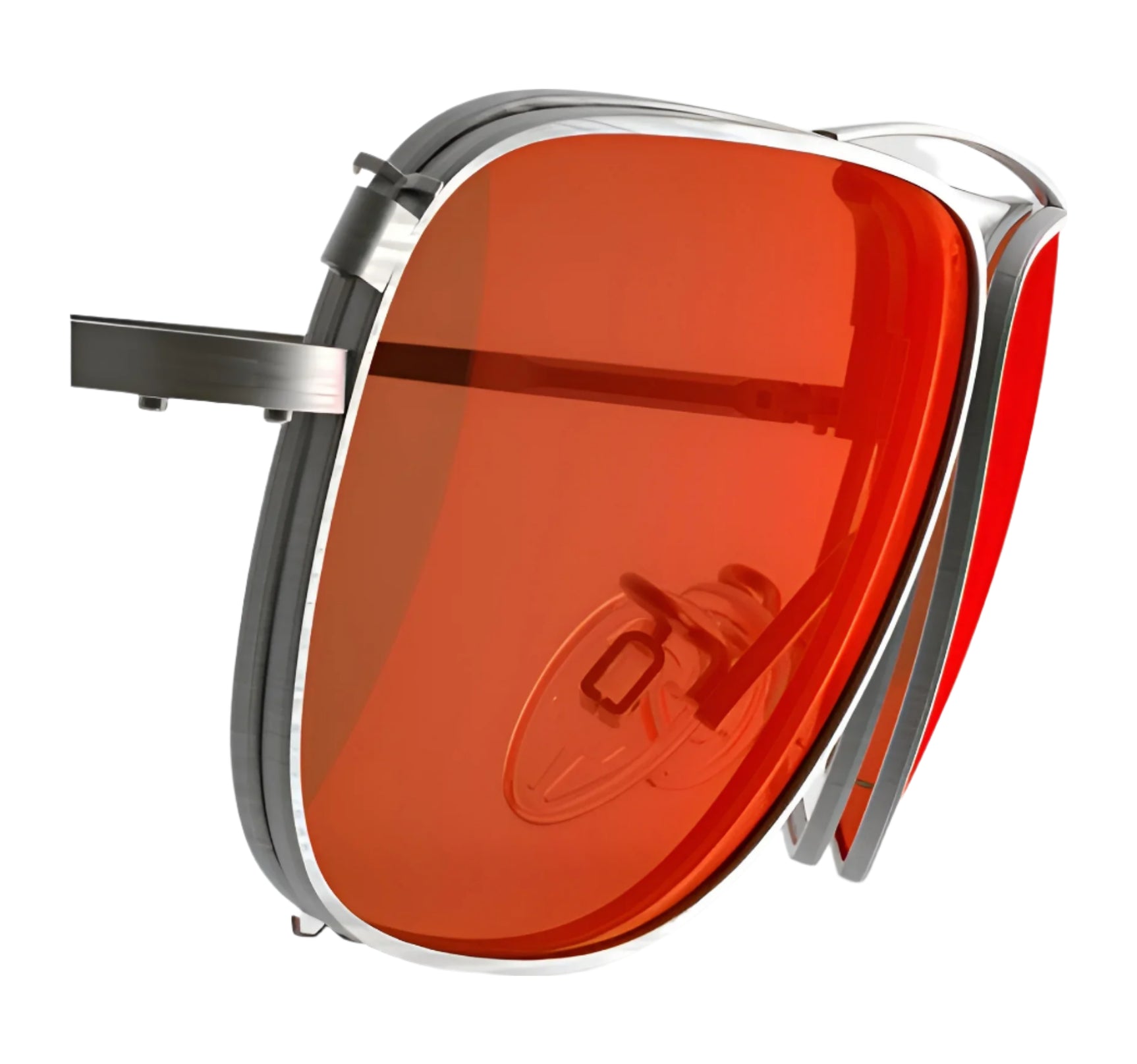 Close-up of RE Ranger Sporter Clip-On Lens with bright orange lenses and silver metal frames by RE Ranger, designed to adapt to changing light conditions. Close-up of RE Ranger Sporter Clip-On Lens with bright orange lenses and silver metal frames by RE Ranger, designed to adapt to changing light conditions.