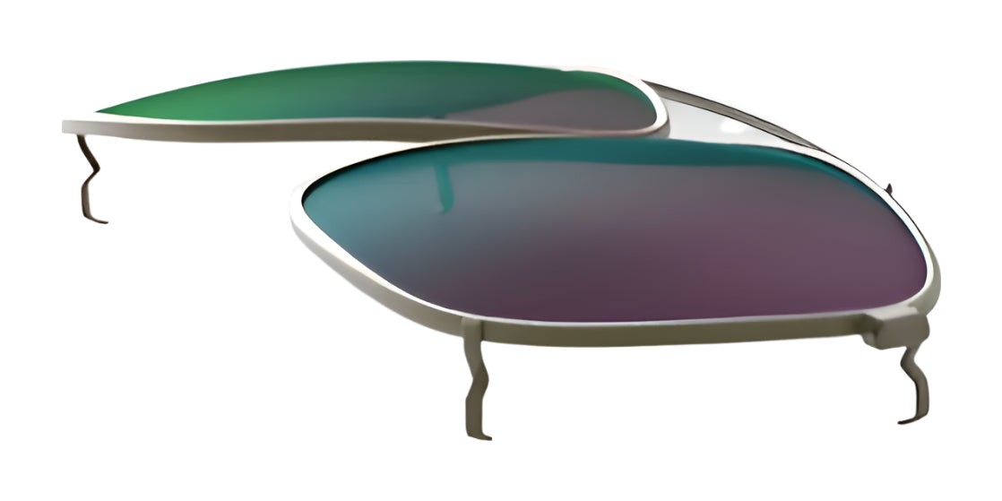 Two RE Ranger Sporter Clip-On lenses by RE Ranger, featuring green and purple mirrored tints, shown detached from their frames on a white background. Two RE Ranger Sporter Clip-On lenses by RE Ranger, featuring green and purple mirrored tints, shown detached from their frames on a white background.