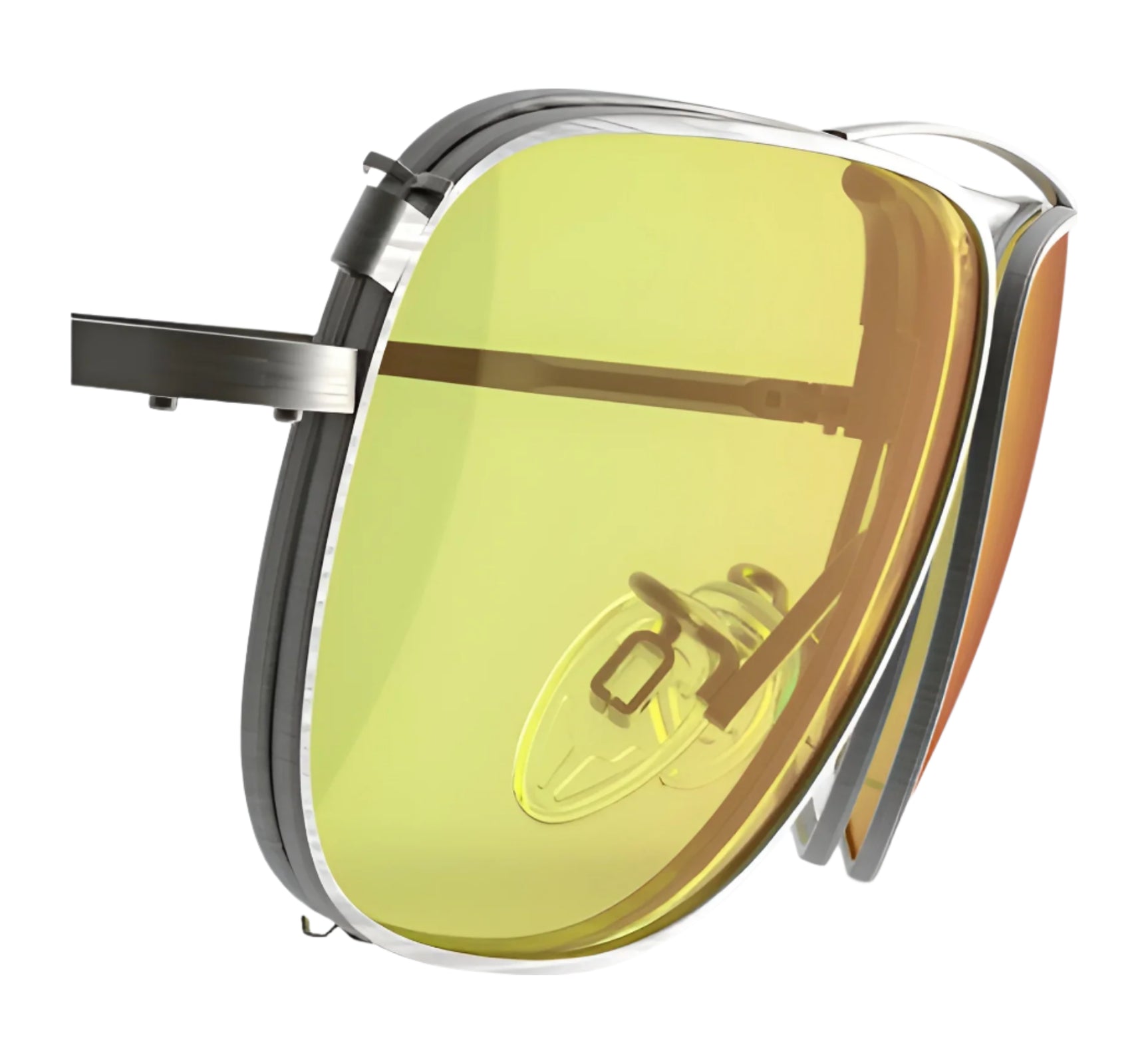 A close-up of RE Ranger Sporter Clip-On Lens glasses featuring yellow-tinted lenses, metal frames, a nose pad, and precision lens technology. A close-up of RE Ranger Sporter Clip-On Lens glasses featuring yellow-tinted lenses, metal frames, a nose pad, and precision lens technology.