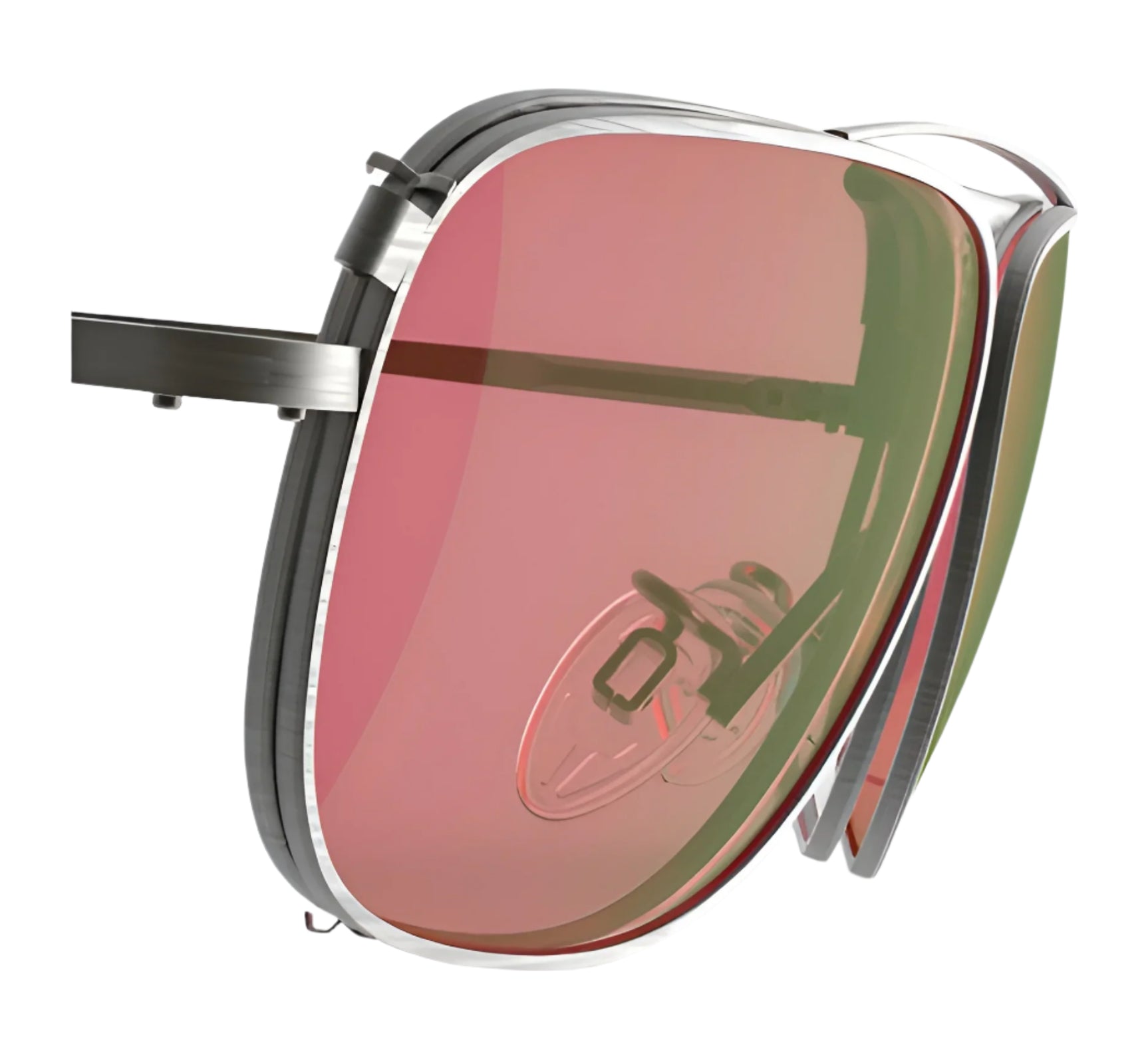 Close-up of the RE Ranger Sporter Clip-On Lens by RE Ranger, shown with pink-tinted RIACT A.I. lenses and a metallic frame against a white background. Close-up of the RE Ranger Sporter Clip-On Lens by RE Ranger, shown with pink-tinted RIACT A.I. lenses and a metallic frame against a white background.