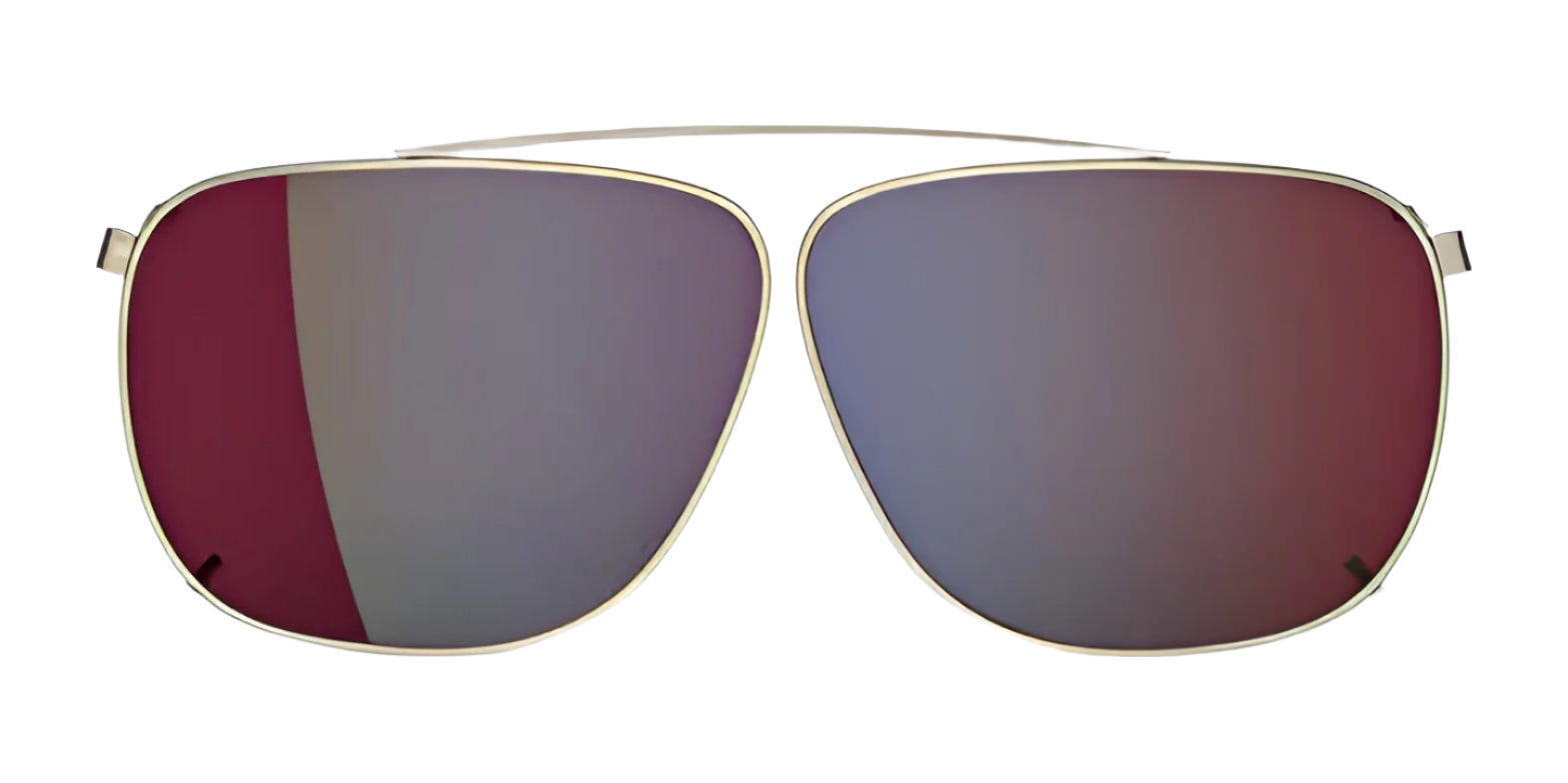 A pair of RE Ranger Sporter Clip-On Lens sunglasses featuring gold frames and RIACT A.I. mirrored lenses with a red reflective hue.