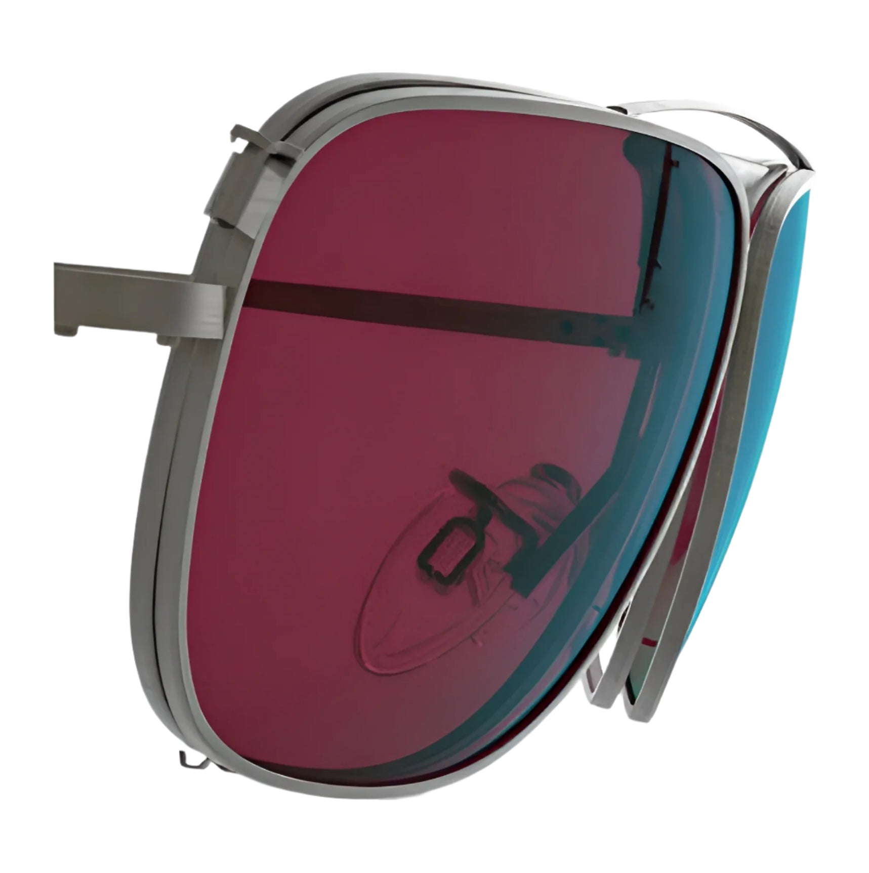 Close-up of oversized, square Sporter sunglasses featuring RE Ranger Sporter Clip-On Lens with pink-tinted RIACT A.I. lenses and sleek silver frames by RE Ranger. Close-up of oversized, square Sporter sunglasses featuring RE Ranger Sporter Clip-On Lens with pink-tinted RIACT A.I. lenses and sleek silver frames by RE Ranger.