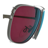 Close-up of oversized, square Sporter sunglasses featuring RE Ranger Sporter Clip-On Lens with pink-tinted RIACT A.I. lenses and sleek silver frames by RE Ranger.