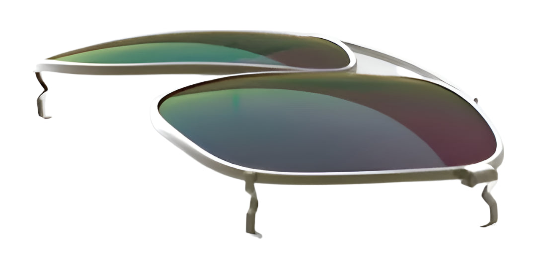 A RE Ranger Sporter Clip-On Lens with metallic frames and greenish RIACT A.I. lenses displayed on a white background. A RE Ranger Sporter Clip-On Lens with metallic frames and greenish RIACT A.I. lenses displayed on a white background.