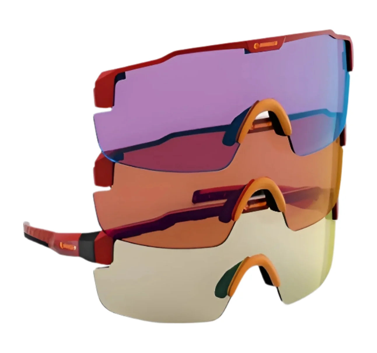 The RE Ranger SuperShot Shooting Glasses by RE Ranger feature ClaySight lenses in purple, brown, and yellow, plus a magnetic interchangeable frame, all stacked together. The RE Ranger SuperShot Shooting Glasses by RE Ranger feature ClaySight lenses in purple, brown, and yellow, plus a magnetic interchangeable frame, all stacked together.