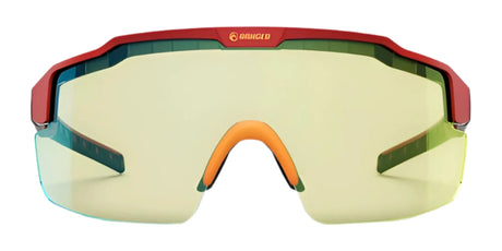 The RE Ranger SuperShot Shooting Glasses by RE Ranger feature ClaySight lenses, a red and green magnetic interchangeable frame, yellow-tinted lens, and orange nose piece, shown from the front.